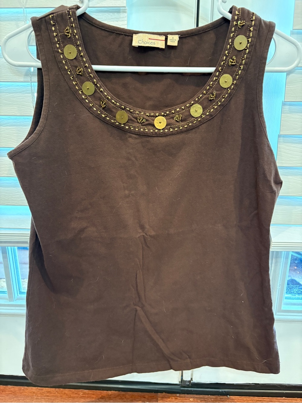 Choices Brown Scoop Neck Tank Top with Gold Button Detail